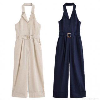 Women's Elegant Halter Neck Jumpsuit with Metal Buckle Belt Lapel Collar Sleeveless High Waist Wide Leg Long Pants Modern Office Business Chic One-Piece Outfit Women's Elegant Halter Neck Jumpsuit with Metal Buckle Belt Lapel Collar Sleeveless High Waist Wide Leg Long Pants Modern Office Business Chic One-Piece Outfit
