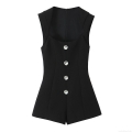 Women's Sleeveless Rhinestone Button Denim Romper Elegant High Waist Jumpsuit With Back Zipper Solid Black Slim Fit Short Jumpsuit For Summer Party Dating Women's Sleeveless Rhinestone Button Denim Romper Elegant High Waist Jumpsuit With Back Zipper Solid Black Slim Fit Short Jumpsuit For Summer Party Dating