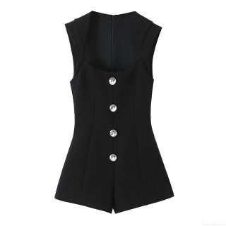 Women's Sleeveless Rhinestone Button Denim Romper Elegant High Waist Jumpsuit With Back Zipper Solid Black Slim Fit Short Jumpsuit For Summer Party Dating Women's Sleeveless Rhinestone Button Denim Romper Elegant High Waist Jumpsuit With Back Zipper Solid Black Slim Fit Short Jumpsuit For Summer Party Dating