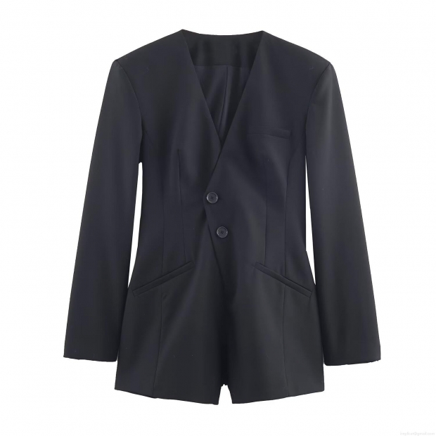 Women's Elegant Long Sleeve Blazer Style Romper Deep V Neck Two Buttons Cotton Blend Solid Black Short Jumpsuit For Spring Autumn Chic Office Lady One Piece Suit Women's Elegant Long Sleeve Blazer Style Romper Deep V Neck Two Buttons Cotton Blend Solid Black Short Jumpsuit For Spring Autumn Chic Office Lady One Piece Suit