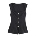 Women's Elegant Sleeveless Square Neck Short Jumpsuit Rhinestone Jewelry Buttons Slim Fit Cotton Blend One Piece Romper Summer Party Clubwear Black Women's Elegant Sleeveless Square Neck Short Jumpsuit Rhinestone Jewelry Buttons Slim Fit Cotton Blend One Piece Romper Summer Party Clubwear Black