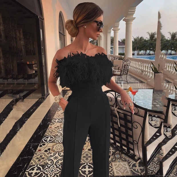 Women's Sexy Strapless Feather Trim Jumpsuit Backless Solid Color High Waist Wide Leg One-Piece Romper for Party Wedding Evening Elegant Commute Outfit Women's Sexy Strapless Feather Trim Jumpsuit Backless Solid Color High Waist Wide Leg One-Piece Romper for Party Wedding Evening Elegant Commute Outfit