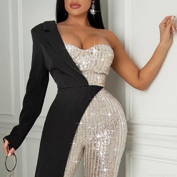 Elegant One Shoulder Sequin Jumpsuit Women Sexy Asymmetrical Suit Collar Splicing Wide Leg Romper Evening Party Formal Clubwear Jumpsuit Elegant One Shoulder Sequin Jumpsuit Women Sexy Asymmetrical Suit Collar Splicing Wide Leg Romper Evening Party Formal Clubwear Jumpsuit