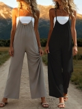 Women's Wide Leg Jumpsuit Sleeveless Solid Color Backless Suspender Romper Casual Vacation Loose Fit 100% Polyester Summer Overall With Pockets Women's Wide Leg Jumpsuit Sleeveless Solid Color Backless Suspender Romper Casual Vacation Loose Fit 100% Polyester Summer Overall With Pockets