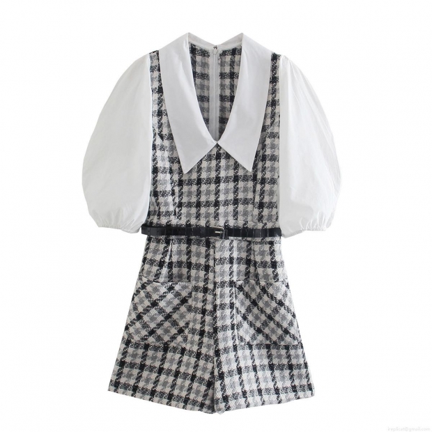 Women Vintage Plaid Romper Long Puff Sleeve Peter Pan Collar Jumpsuit With Belt Tweed Patchwork One Piece Short Pant Set Elegant Fashion Streetwear Women Vintage Plaid Romper Long Puff Sleeve Peter Pan Collar Jumpsuit With Belt Tweed Patchwork One Piece Short Pant Set Elegant Fashion Streetwear