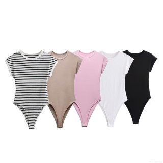 Fashion Women's Ribbed Knit Bodysuit Round Neck Raglan Short Sleeve Pullover Slim Fit One Piece Jumpsuit With Snap Bottom For Casual Streetwear