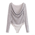 Women's Sexy Silver Sequined Bodysuit Long Sleeve Pleated Metallic Sparkly Body Suit Jumpsuit For Party Nightclub Streetwear Fashion Top Women's Sexy Silver Sequined Bodysuit Long Sleeve Pleated Metallic Sparkly Body Suit Jumpsuit For Party Nightclub Streetwear Fashion Top
