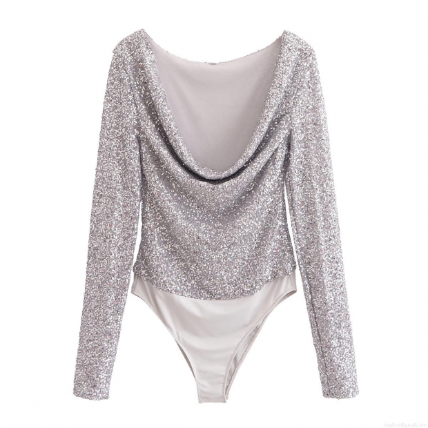 Women's Sexy Silver Sequined Bodysuit Long Sleeve Pleated Metallic Sparkly Body Suit Jumpsuit For Party Nightclub Streetwear Fashion Top Women's Sexy Silver Sequined Bodysuit Long Sleeve Pleated Metallic Sparkly Body Suit Jumpsuit For Party Nightclub Streetwear Fashion Top