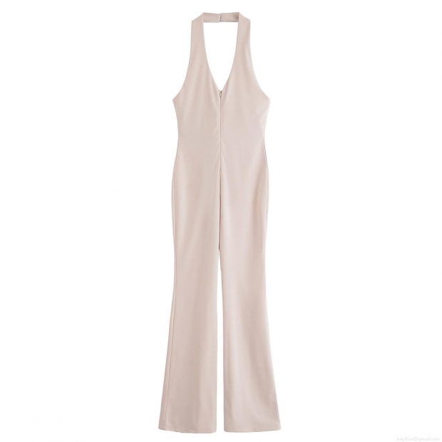 Women Halter Deep V Neck Backless Jumpsuit Woven Polyester Sleeveless High Waist Slim Fit Flare Leg Solid Color Sexy One Piece Romper Streetwear Summer Elegant Bodysuit Khaki