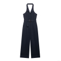 Women's Halter Neck V-Neck Backless Jumpsuit With Belt Elegant Wide Leg Office Street Chic Summer Navy Blue Polyester Jumpsuit Women's Halter Neck V-Neck Backless Jumpsuit With Belt Elegant Wide Leg Office Street Chic Summer Navy Blue Polyester Jumpsuit
