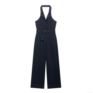 Women's Halter Neck V-Neck Backless Jumpsuit With Belt Elegant Wide Leg Office Street Chic Summer Navy Blue Polyester Jumpsuit Women's Halter Neck V-Neck Backless Jumpsuit With Belt Elegant Wide Leg Office Street Chic Summer Navy Blue Polyester Jumpsuit