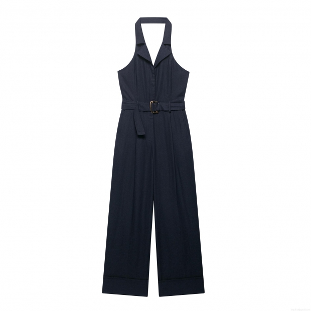 Women's Halter Neck V-Neck Backless Jumpsuit With Belt Elegant Wide Leg Office Street Chic Summer Navy Blue Polyester Jumpsuit Women's Halter Neck V-Neck Backless Jumpsuit With Belt Elegant Wide Leg Office Street Chic Summer Navy Blue Polyester Jumpsuit