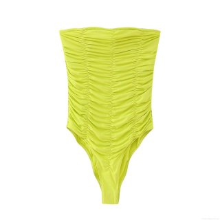 Women Sexy Neon Green Ruched Bodysuit Strapless Off Shoulder Slim Fit Polyester Jumpsuit For Club Party Streetwear Women Sexy Neon Green Ruched Bodysuit Strapless Off Shoulder Slim Fit Polyester Jumpsuit For Club Party Streetwear