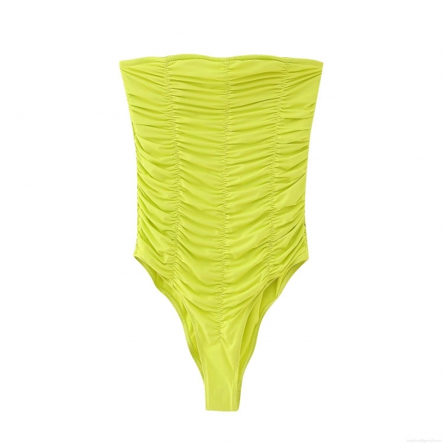 Women Sexy Neon Green Ruched Bodysuit Strapless Off Shoulder Slim Fit Polyester Jumpsuit For Club Party Streetwear Women Sexy Neon Green Ruched Bodysuit Strapless Off Shoulder Slim Fit Polyester Jumpsuit For Club Party Streetwear