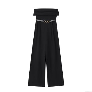 Women's Strapless Tube Top Wide Leg Jumpsuit With Belt Elegant Black Solid Polyester Romper For Evening Party Clubwear Streetwear Women's Strapless Tube Top Wide Leg Jumpsuit With Belt Elegant Black Solid Polyester Romper For Evening Party Clubwear Streetwear