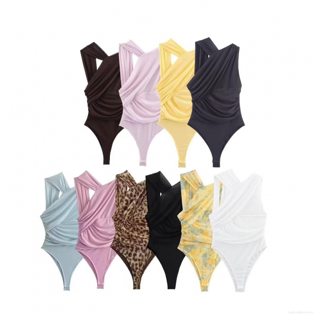 Women's One Shoulder Ruched Mesh Bodysuit Sexy Backless Sleeveless Leopard Floral Print Bodycon Jumpsuit Top For Party Clubwear Streetwear