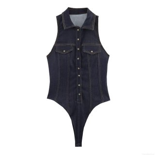 Women's Sleeveless Denim Bodysuit With Turn-down Collar Slim Fit Polyester Jumpsuit Streetwear Style Romper With Pockets For Women Daily Wear Women's Sleeveless Denim Bodysuit With Turn-down Collar Slim Fit Polyester Jumpsuit Streetwear Style Romper With Pockets For Women Daily Wear