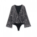 Elegant Sequin Bodysuit For Women Sexy Deep V-Neck Long Sleeve Charcoal Grey Polyester Party Clubwear Glamorous Bell Sleeve Tops One Piece Jumpsuit