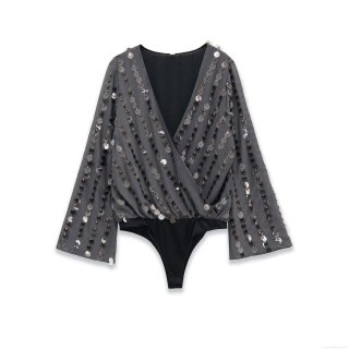 Elegant Sequin Bodysuit For Women Sexy Deep V-Neck Long Sleeve Charcoal Grey Polyester Party Clubwear Glamorous Bell Sleeve Tops One Piece Jumpsuit