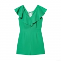 Women's Chic Green Ruffled V-Neck Romper 100% Polyester Sleeveless Jumpsuit With Back Tie And Elastic Waist Summer Fashion Short One-Piece For Women Women's Chic Green Ruffled V-Neck Romper 100% Polyester Sleeveless Jumpsuit With Back Tie And Elastic Waist Summer Fashion Short One-Piece For Women