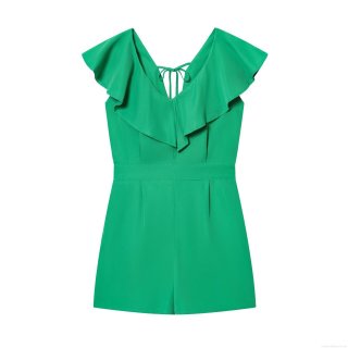 Women's Chic Green Ruffled V-Neck Romper 100% Polyester Sleeveless Jumpsuit With Back Tie And Elastic Waist Summer Fashion Short One-Piece For Women Women's Chic Green Ruffled V-Neck Romper 100% Polyester Sleeveless Jumpsuit With Back Tie And Elastic Waist Summer Fashion Short One-Piece For Women