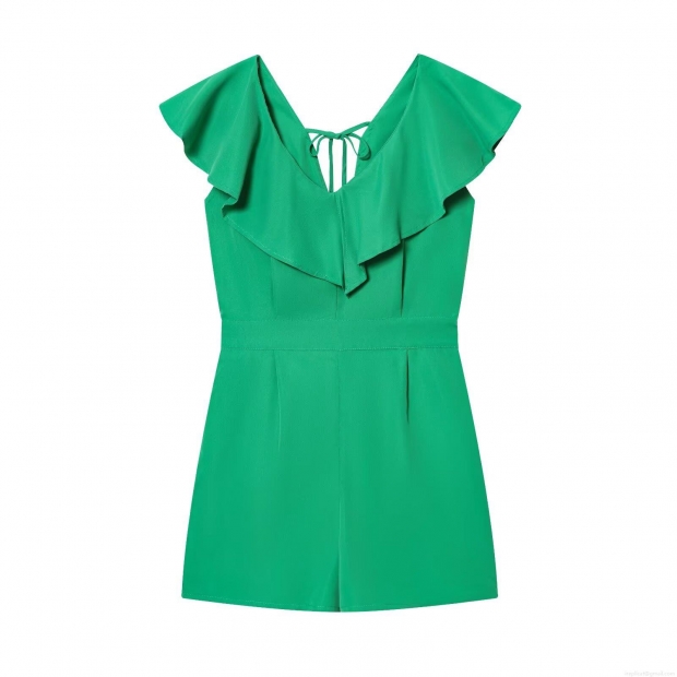 Women's Chic Green Ruffled V-Neck Romper 100% Polyester Sleeveless Jumpsuit With Back Tie And Elastic Waist Summer Fashion Short One-Piece For Women Women's Chic Green Ruffled V-Neck Romper 100% Polyester Sleeveless Jumpsuit With Back Tie And Elastic Waist Summer Fashion Short One-Piece For Women