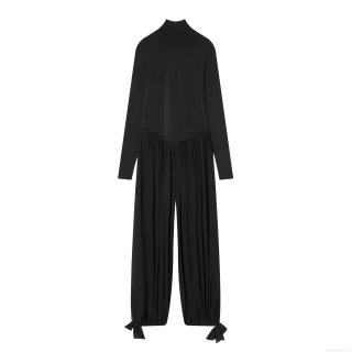 Women's Solid Black High Neck Long Sleeve Jumpsuit Loose Fit High Waist Pleated One Piece Romper With Thumbholes Bow Tie Ankle For Casual Winter Women's Solid Black High Neck Long Sleeve Jumpsuit Loose Fit High Waist Pleated One Piece Romper With Thumbholes Bow Tie Ankle For Casual Winter