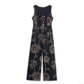Women's Vintage Elegant Sleeveless Black Jumpsuit With Gold Floral Embroidery Button Front Wide Leg Long Pant Cotton Blend Romper Women's Vintage Elegant Sleeveless Black Jumpsuit With Gold Floral Embroidery Button Front Wide Leg Long Pant Cotton Blend Romper