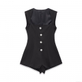 Elegant Women's Square Neck Sleeveless Romper Cotton Blend Jumpsuit With Rhinestone Buttons Sexy Clubwear Slim Fit Short Pants For Summer Party Elegant Women's Square Neck Sleeveless Romper Cotton Blend Jumpsuit With Rhinestone Buttons Sexy Clubwear Slim Fit Short Pants For Summer Party