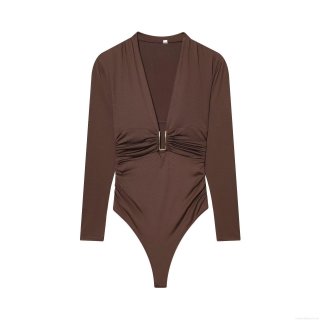 Women's Sexy Deep V-Neck Long Sleeve Ruched Bodysuit With U-Shaped Metal Buckle Slim Fit Solid Brown One-Piece Jumpsuit For Party Clubwear Women's Sexy Deep V-Neck Long Sleeve Ruched Bodysuit With U-Shaped Metal Buckle Slim Fit Solid Brown One-Piece Jumpsuit For Party Clubwear