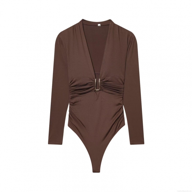 Women's Sexy Deep V-Neck Long Sleeve Ruched Bodysuit With U-Shaped Metal Buckle Slim Fit Solid Brown One-Piece Jumpsuit For Party Clubwear Women's Sexy Deep V-Neck Long Sleeve Ruched Bodysuit With U-Shaped Metal Buckle Slim Fit Solid Brown One-Piece Jumpsuit For Party Clubwear