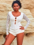 Women Sexy Lace Hollow Out Romper Backless Long Sleeve V-Neck Bodysuit With Bow Tiered Ruffle Hem Jumpsuit Shorts For Summer Beach Vacation Party Women Sexy Lace Hollow Out Romper Backless Long Sleeve V-Neck Bodysuit With Bow Tiered Ruffle Hem Jumpsuit Shorts For Summer Beach Vacation Party