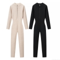 Women's Ribbed Knit Long Sleeve Jumpsuit Half Zipper High Neck Slim Fit Full Length Bodysuit For Casual Party Streetwear