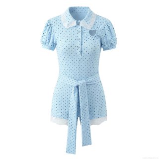Women's Sweet Light Blue Polka Dot Romper Cotton Polyester Lace Heart Cutout Puff Sleeve Short Jumpsuit Summer Fashion One Piece Outfit Women's Sweet Light Blue Polka Dot Romper Cotton Polyester Lace Heart Cutout Puff Sleeve Short Jumpsuit Summer Fashion One Piece Outfit