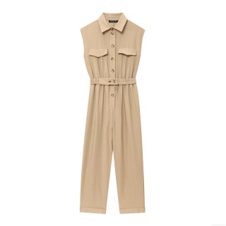 Women's Sleeveless Jumpsuit Solid Color Cotton Blend Workwear Style Lapel Button Up Romper With Belt Straight Leg Commuter Long Jumpsuits For Ladies Women's Sleeveless Jumpsuit Solid Color Cotton Blend Workwear Style Lapel Button Up Romper With Belt Straight Leg Commuter Long Jumpsuits For Ladies