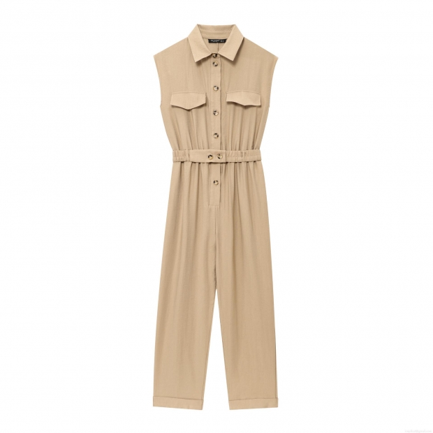 Women's Sleeveless Jumpsuit Solid Color Cotton Blend Workwear Style Lapel Button Up Romper With Belt Straight Leg Commuter Long Jumpsuits For Ladies Women's Sleeveless Jumpsuit Solid Color Cotton Blend Workwear Style Lapel Button Up Romper With Belt Straight Leg Commuter Long Jumpsuits For Ladies