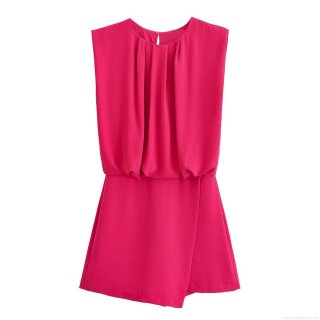 Women's Sleeveless Round Neck Pleated Romper Short Jumpsuit Solid Rose Red Elegant Summer Casual One-Piece Fashion Outfit For Women Women's Sleeveless Round Neck Pleated Romper Short Jumpsuit Solid Rose Red Elegant Summer Casual One-Piece Fashion Outfit For Women