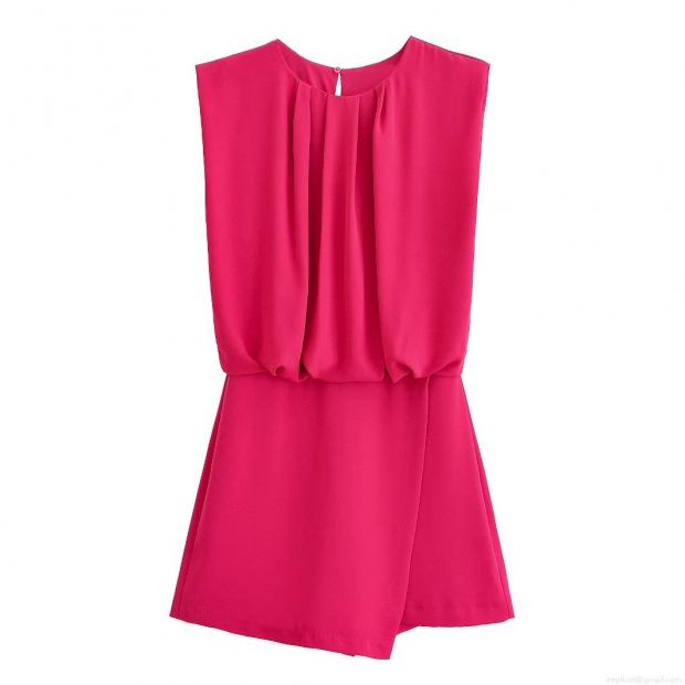 Women's Sleeveless Round Neck Pleated Romper Short Jumpsuit Solid Rose Red Elegant Summer Casual One-Piece Fashion Outfit For Women Women's Sleeveless Round Neck Pleated Romper Short Jumpsuit Solid Rose Red Elegant Summer Casual One-Piece Fashion Outfit For Women