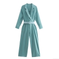 Women's Elegant Notched Lapel Long Sleeve Jumpsuit With Belt Casual Solid Color Wide Leg Romper One Piece Outfit For Office Party Ladies Women's Elegant Notched Lapel Long Sleeve Jumpsuit With Belt Casual Solid Color Wide Leg Romper One Piece Outfit For Office Party Ladies