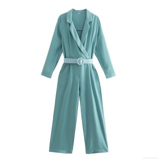 Women's Elegant Notched Lapel Long Sleeve Jumpsuit With Belt Casual Solid Color Wide Leg Romper One Piece Outfit For Office Party Ladies Women's Elegant Notched Lapel Long Sleeve Jumpsuit With Belt Casual Solid Color Wide Leg Romper One Piece Outfit For Office Party Ladies