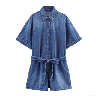Women's Casual Denim Romper With Waist Tie Bow Lapel Collar Short Sleeve Jumpsuit Button Down Cotton Blend Summer Playsuit For Ladies Women's Casual Denim Romper With Waist Tie Bow Lapel Collar Short Sleeve Jumpsuit Button Down Cotton Blend Summer Playsuit For Ladies