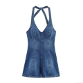 Women Halter Neck Denim Jumpsuit Cotton Blend Back Tie V Neck Sleeveless Short Romper Contrast Stitching Summer Casual Vacation Party Lady Playsuit Women Halter Neck Denim Jumpsuit Cotton Blend Back Tie V Neck Sleeveless Short Romper Contrast Stitching Summer Casual Vacation Party Lady Playsuit