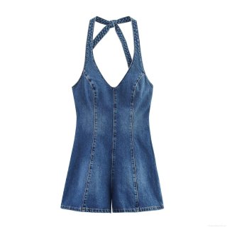 Women Halter Neck Denim Jumpsuit Cotton Blend Back Tie V Neck Sleeveless Short Romper Contrast Stitching Summer Casual Vacation Party Lady Playsuit Women Halter Neck Denim Jumpsuit Cotton Blend Back Tie V Neck Sleeveless Short Romper Contrast Stitching Summer Casual Vacation Party Lady Playsuit