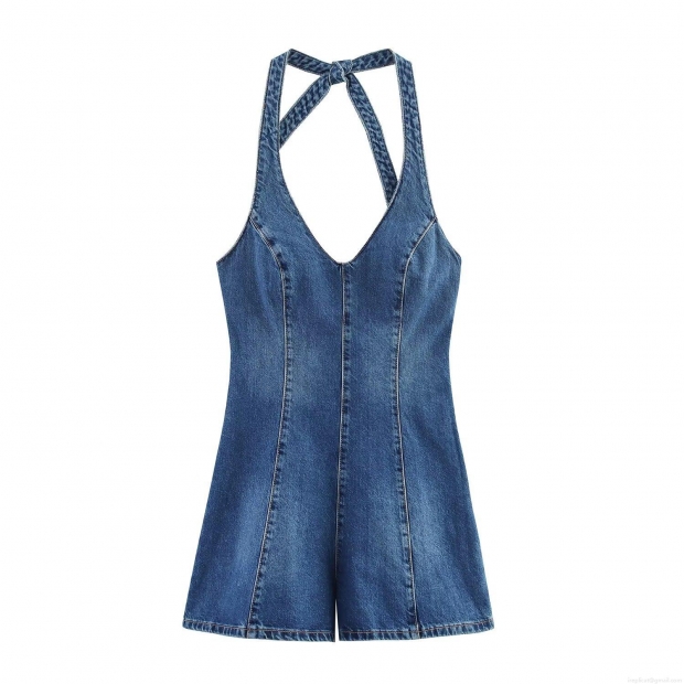 Women Halter Neck Denim Jumpsuit Cotton Blend Back Tie V Neck Sleeveless Short Romper Contrast Stitching Summer Casual Vacation Party Lady Playsuit Women Halter Neck Denim Jumpsuit Cotton Blend Back Tie V Neck Sleeveless Short Romper Contrast Stitching Summer Casual Vacation Party Lady Playsuit