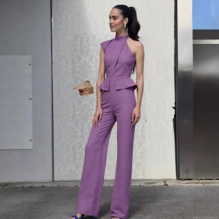Women's One Shoulder Jumpsuit Elegant Cotton Polyester Peplum Ruffle Wide Leg Long Pants Sleeveless Halter Party Wedding Guest Outfit For Ladies Women's One Shoulder Jumpsuit Elegant Cotton Polyester Peplum Ruffle Wide Leg Long Pants Sleeveless Halter Party Wedding Guest Outfit For Ladies