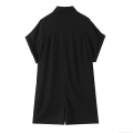 Women's Casual Cotton Blend Romper Jumpsuit With Pockets Turn-down Collar Single-breasted Short Sleeve Straight Leg Black One-piece Summer Sophisticated Ladies Clothing