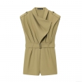 Women's Fashion Casual Cotton Blend Romper Jumpsuit Sleeveless With Padded Shoulder Waist Belt Lapel Neck Short Playsuit For Summer Daily Office Wear Women's Fashion Casual Cotton Blend Romper Jumpsuit Sleeveless With Padded Shoulder Waist Belt Lapel Neck Short Playsuit For Summer Daily Office Wear