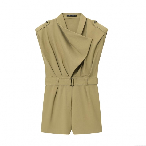 Women's Fashion Casual Cotton Blend Romper Jumpsuit Sleeveless With Padded Shoulder Waist Belt Lapel Neck Short Playsuit For Summer Daily Office Wear