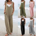 Women's Casual Sleeveless V-Neck Jumpsuit Cotton Blend Wide Leg Romper With Pockets Summer Beach Vacation Solid Color Loose Overalls Women's Casual Sleeveless V-Neck Jumpsuit Cotton Blend Wide Leg Romper With Pockets Summer Beach Vacation Solid Color Loose Overalls