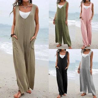 Women's Casual Sleeveless V-Neck Jumpsuit Cotton Blend Wide Leg Romper With Pockets Summer Beach Vacation Solid Color Loose Overalls Women's Casual Sleeveless V-Neck Jumpsuit Cotton Blend Wide Leg Romper With Pockets Summer Beach Vacation Solid Color Loose Overalls